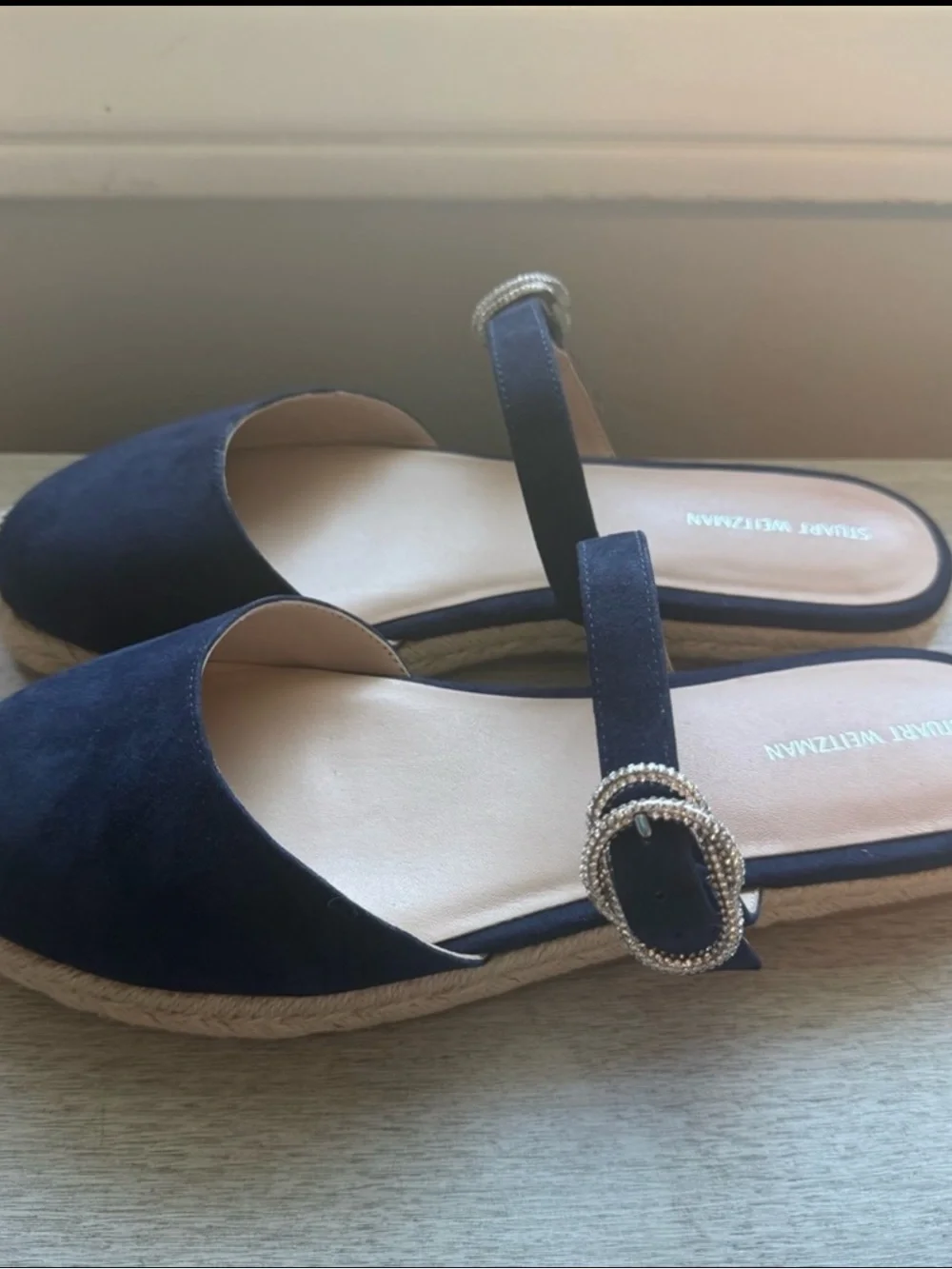 Stuart Weitzman Navy Suede Espadrille Slide with Crystal Buckle